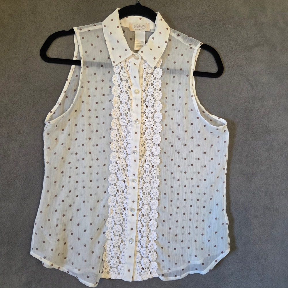 Polka Dot Sheer Crochet Lace Sleeveless Button Down Top Women's XL Cottage Boho